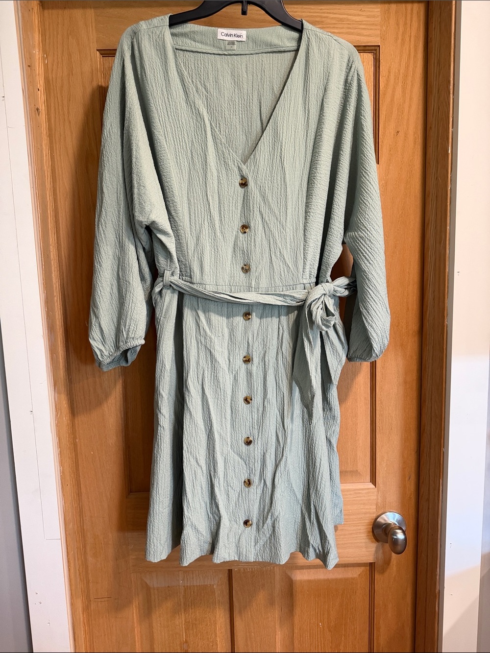 Calvin Klein Sage Green Button-Front Midi Dress with Tie Waist